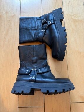 Chunky Black Leather Combat Boots with Ring Harness